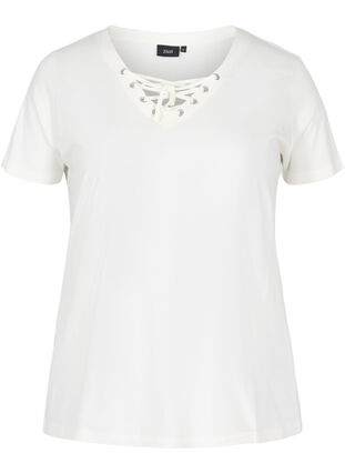 T-shirt i ekologisk bomull och v-ringning med snörning, Warm Off-white, Packshot image number 0