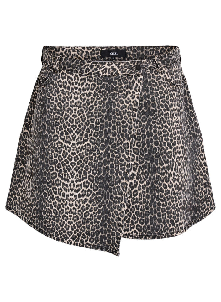 A-linjeformad jeanskjol med leopardm&ouml;nster, Brun, Packshot image number 0