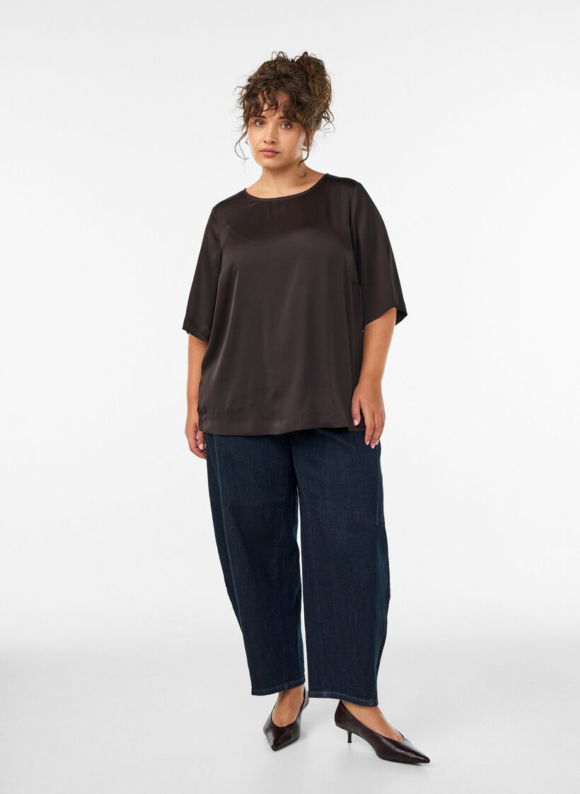 Blus i satin med armb&aring;gsl&aring;nga &auml;rmar, Brun, Model image number 1