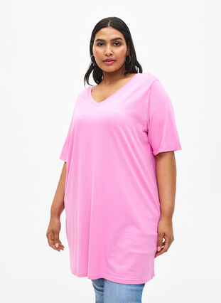 Enfärgad oversize t-shirt med v-hals, Rosebloom, Model image number 0