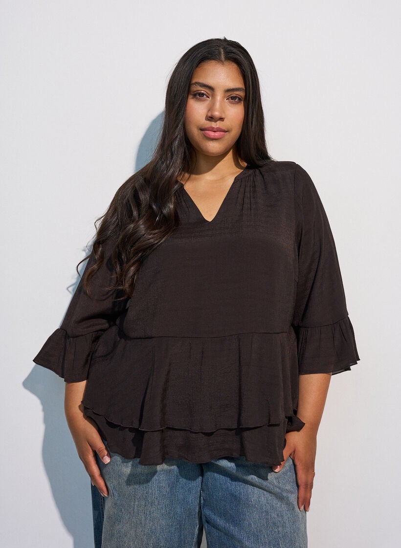 Blus med 3/4-&auml;rmar och volangdetaljer, Brun, Model image number 0