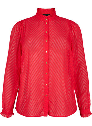 Skjortblus med volanger och mönstrad textur, Tango Red, Packshot image number 0