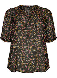 Blus med blommigt m&ouml;nster och v-ringning, Svart