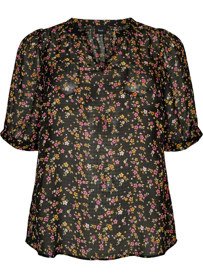 Blus med blommigt m&ouml;nster och v-ringning, Svart, Packshot image number 0
