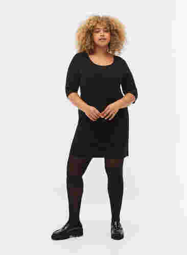 Enfärgad klänning med 3/4-ärmar och slits, Black, Model image number 3