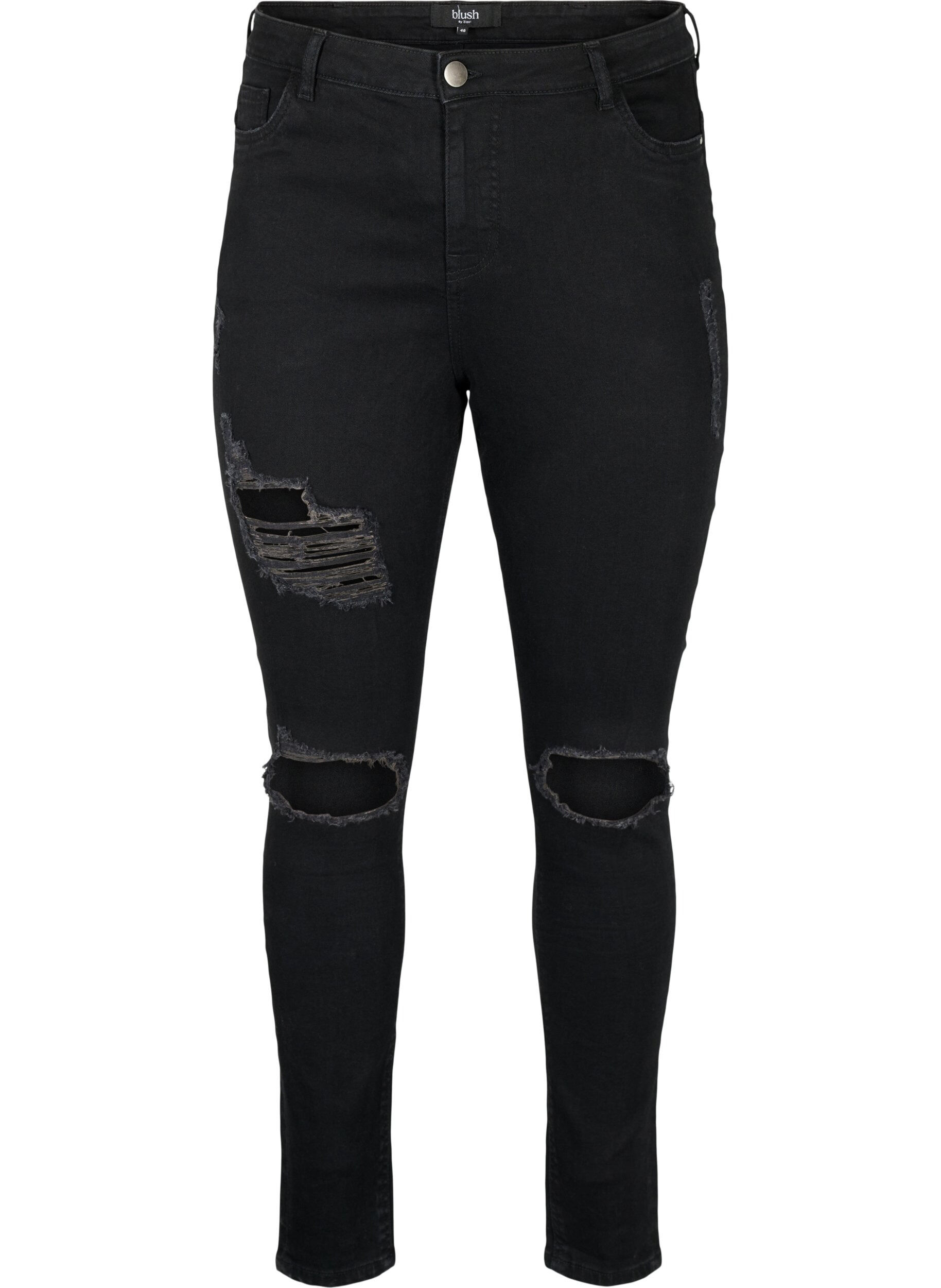 Zizzi Kroppsn&auml;ra jeans med slitdetaljer, Black, Packshot image number 0