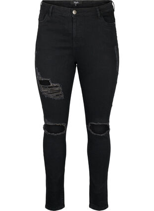 Kroppsnära jeans med slitdetaljer, Black, Packshot image number 0