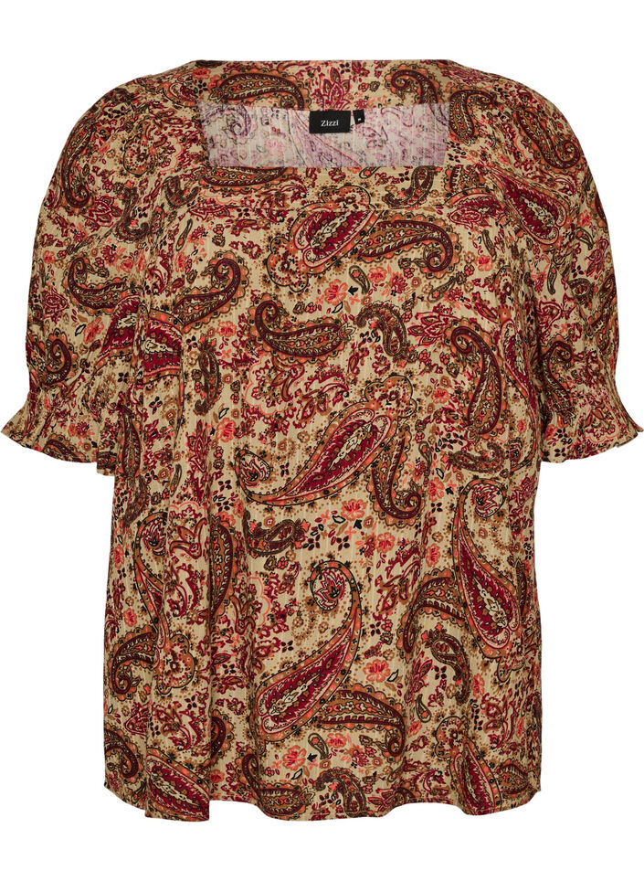 Blus i viskos med paisleym&ouml;nster och fyrkantig halsringning, Brun, Packshot image number 0