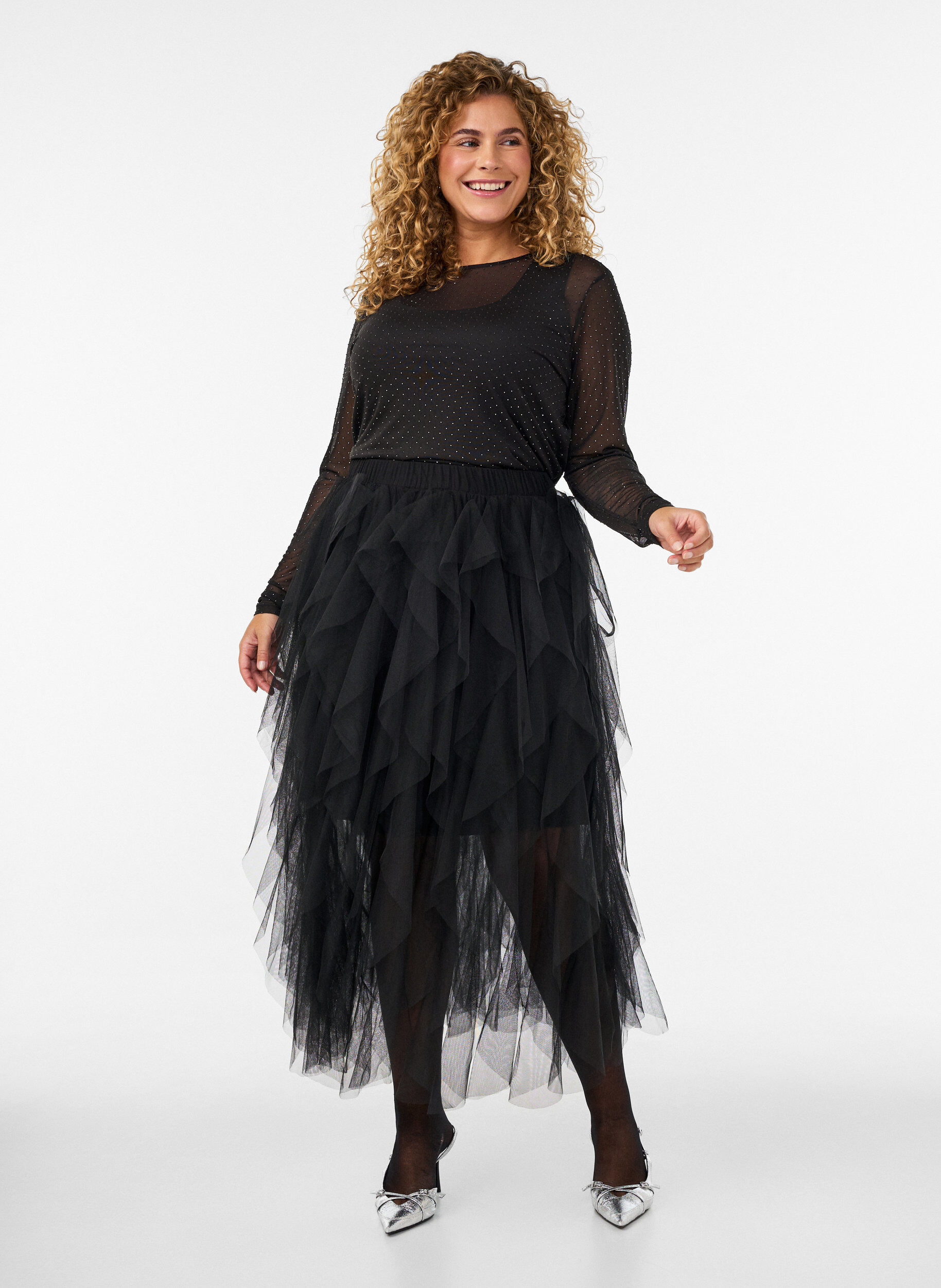 ZizziBlus i skir mesh med strass, Svart, Model image number 1