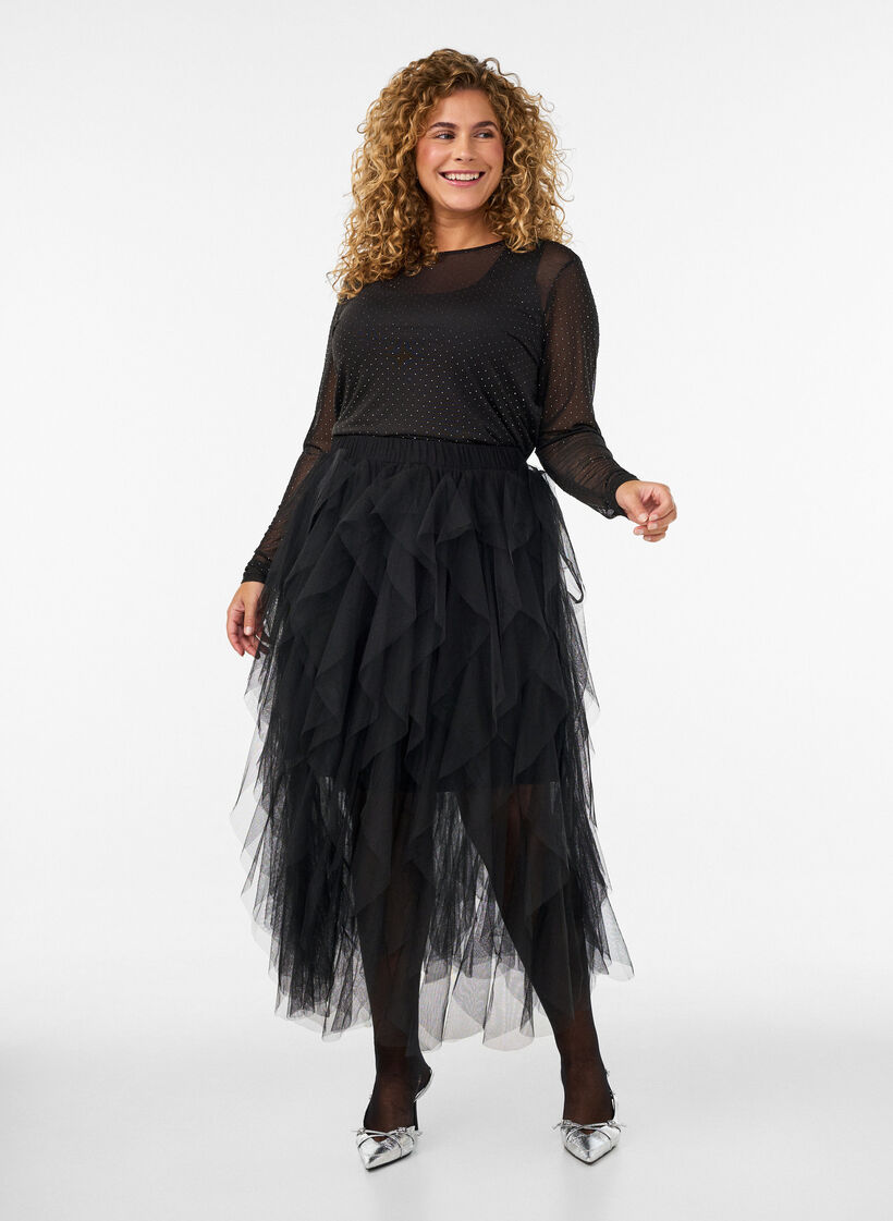 Blus i skir mesh med strass, Svart, Model image number 1