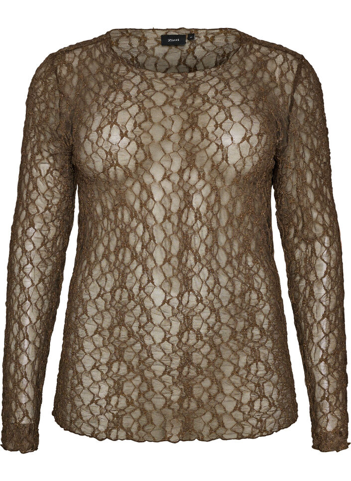 Blus i mesh med m&ouml;nster och glittertr&aring;d, Brun, Packshot image number 0