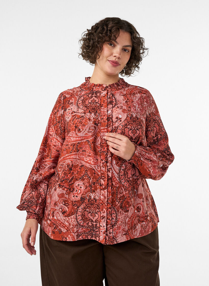 Blus i viskos med paisleym&ouml;nster och volanger, Orange, Model image number 0