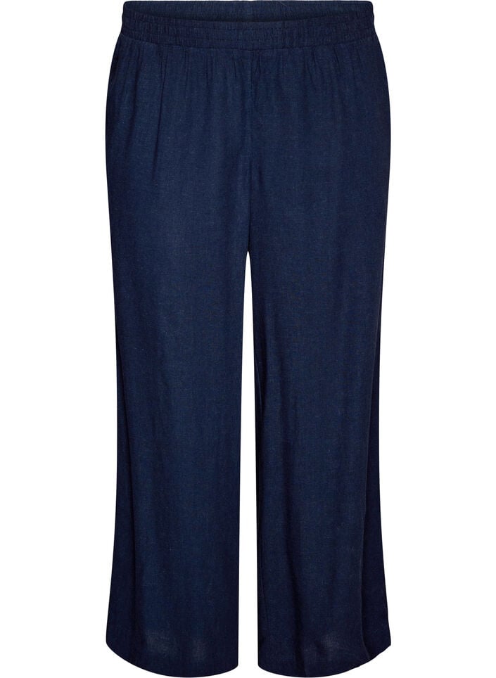 Byxor med vida ben i linne och viskos, Bl&aring;, Packshot image number 0