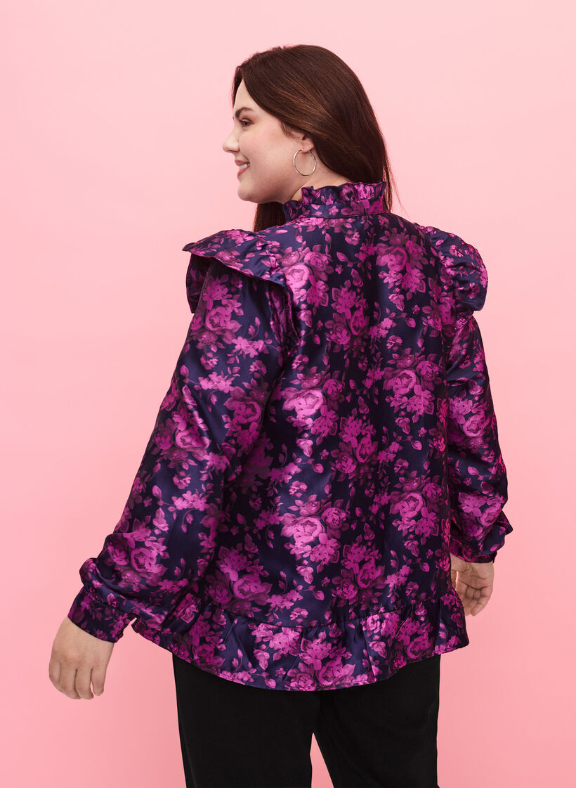 Blus i blommig jacquard med volangdetaljer, Dark Blue Pink, Model image number 1