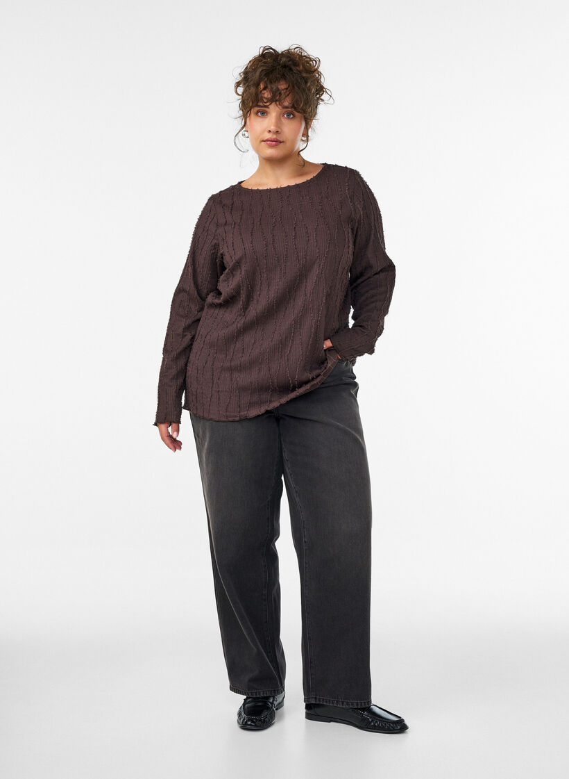 Blus i jersey med v&aring;gig struktur, Brun, Model image number 1