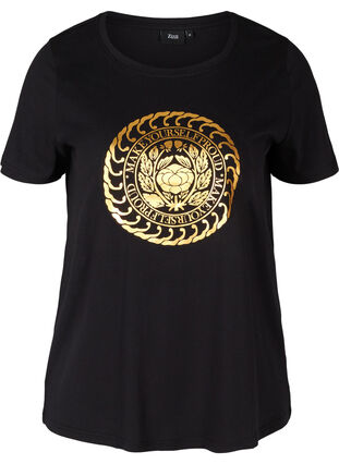 T-shirt i bomull med guldfärgat tryck, Black, Packshot image number 0