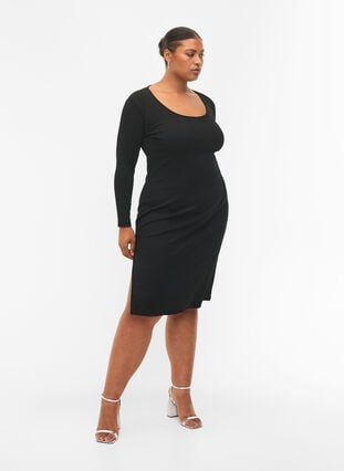 Åtsittande klänning med långa ärmar och slits, Black, Model image number 3