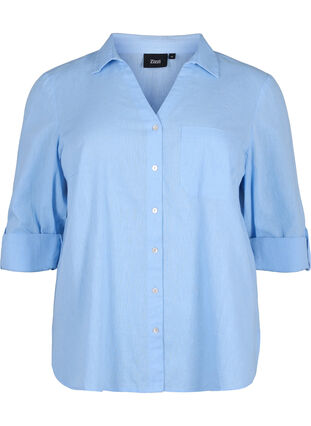 Skjortblus med knäppning i en blandning av bomull och linne, Serenity, Packshot image number 0