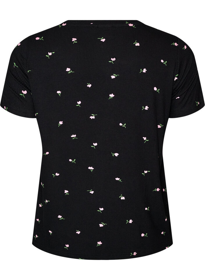 Pyjamastopp med blommigt m&ouml;nster och ribbad struktur, Svart, Packshot image number 1
