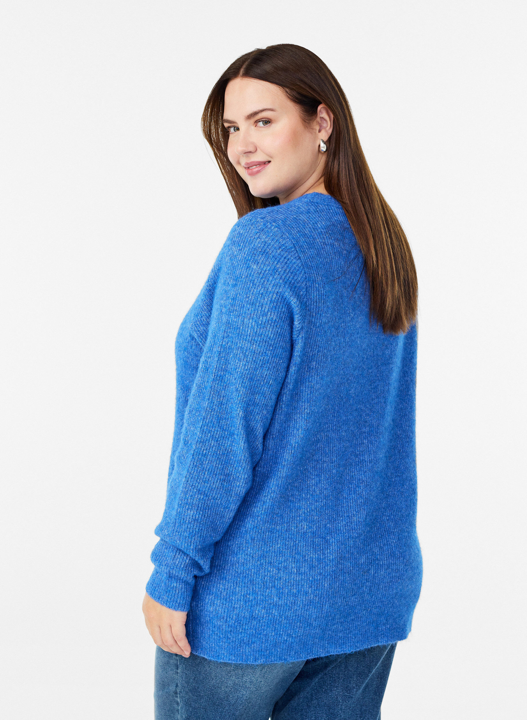 ZizziMelerad stickad blus med rund hals, Bl&aring;, Model image number 2