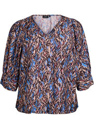 Blus med v-ringning och 3/4-ärm, Blå