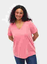 Kortärmad t-shirt med v-hals, Bubblegum Pink, Model