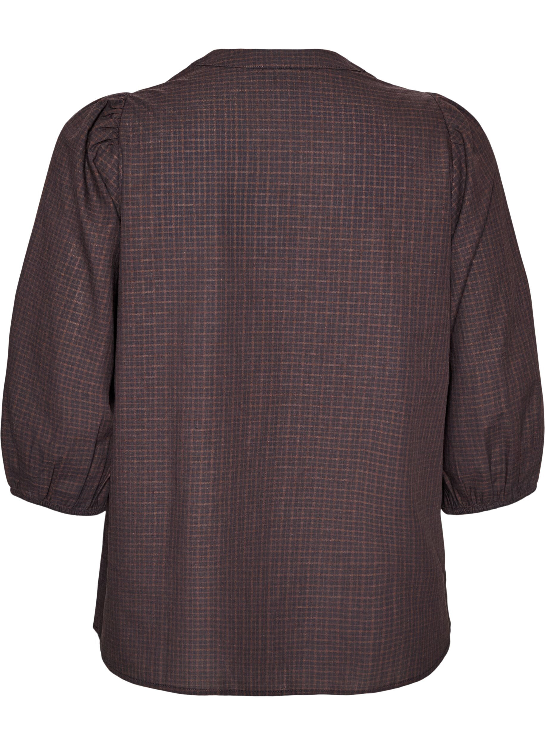 ZizziRutig blus med V-ringning och 3/4-&auml;rmar, Brun, Packshot image number 1