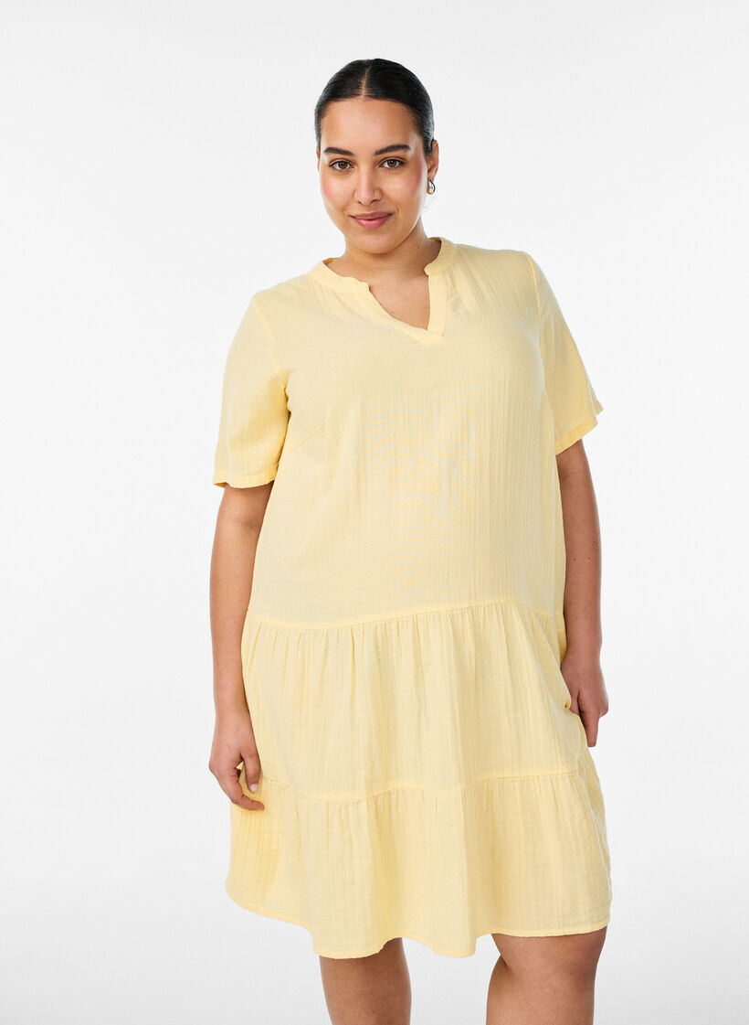 Kort a-linjeformad kl&auml;nning i bomullsmuslin, Gul, Model image number 0