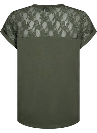 Kortärmad t-shirt av bomull med spets, Thyme, Packshot image number 1