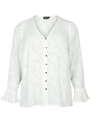 Långärmad skjorta med jacquard-look, Bright White, Packshot image number 0