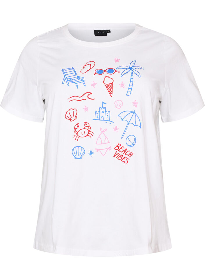 T-shirt i ekologisk bomull med strandtryck, Vit, Packshot image number 0