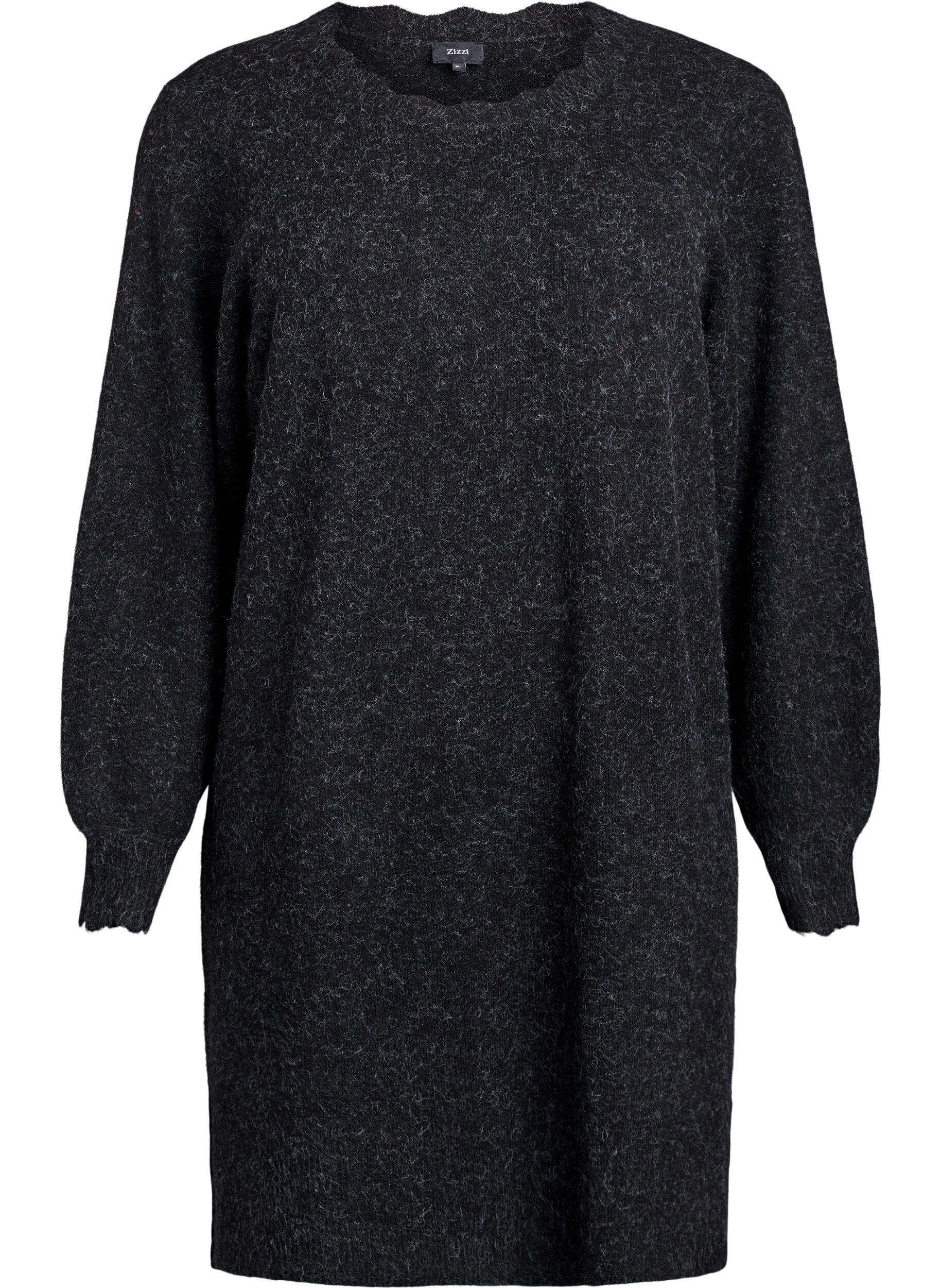 Zizzi Stickad kort kl&auml;nning med v&aring;gig kant och slitsar, Gr&aring;, Packshot image number 0