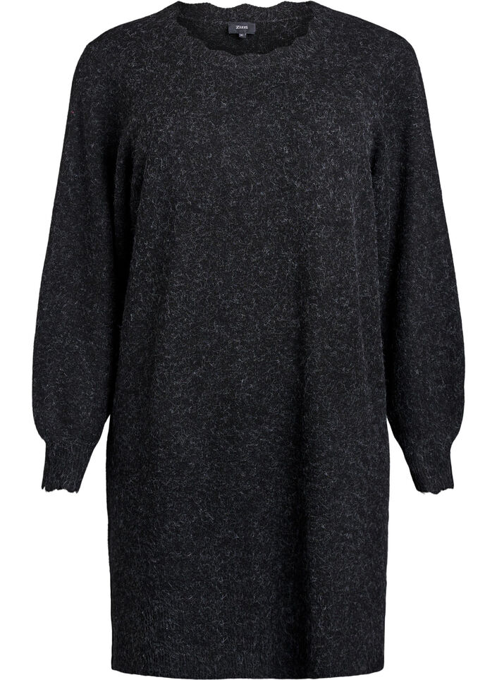 Stickad kort klänning med vågig kant och slitsar, Grå, Packshot image number 0