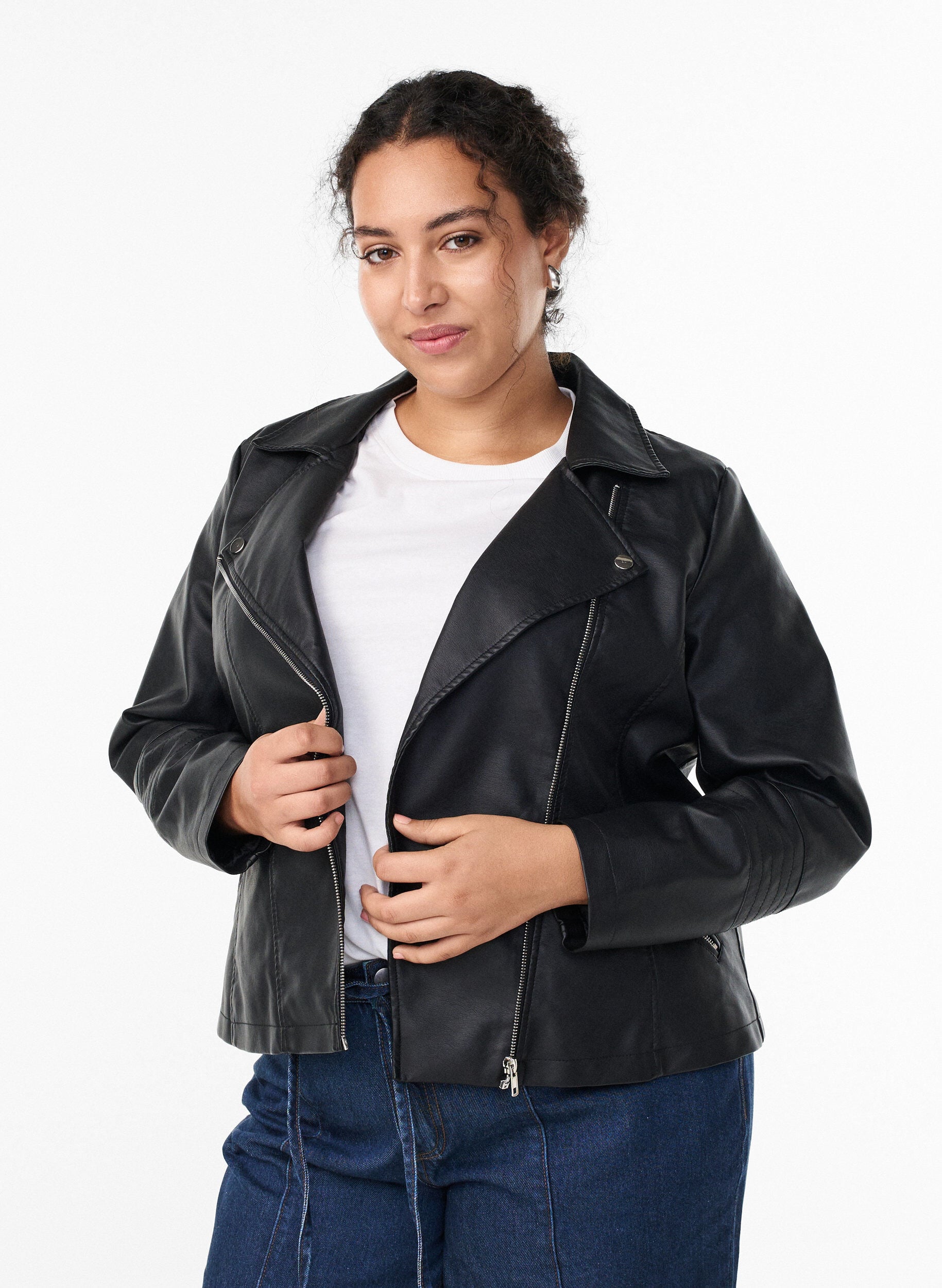 Imiterat l&auml;der biker jacka, Svart, Model