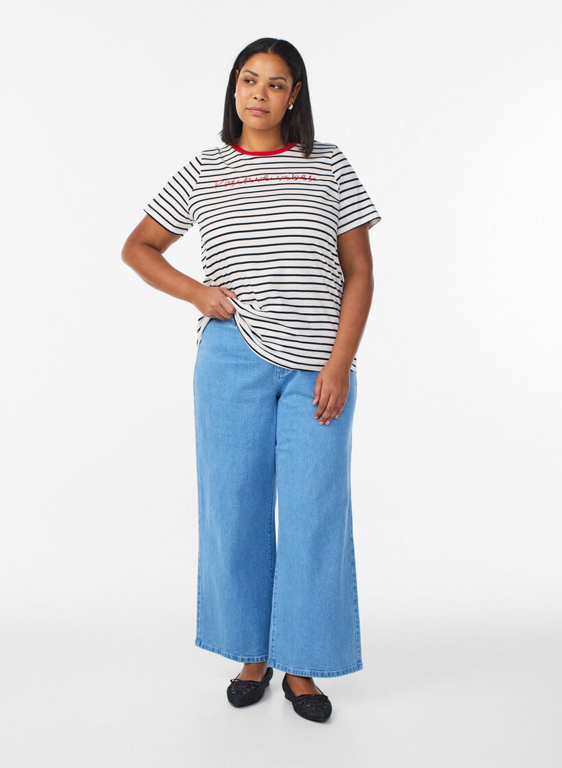 Randig t-shirt i bomull med broderad text, Vanilla, Model image number 1