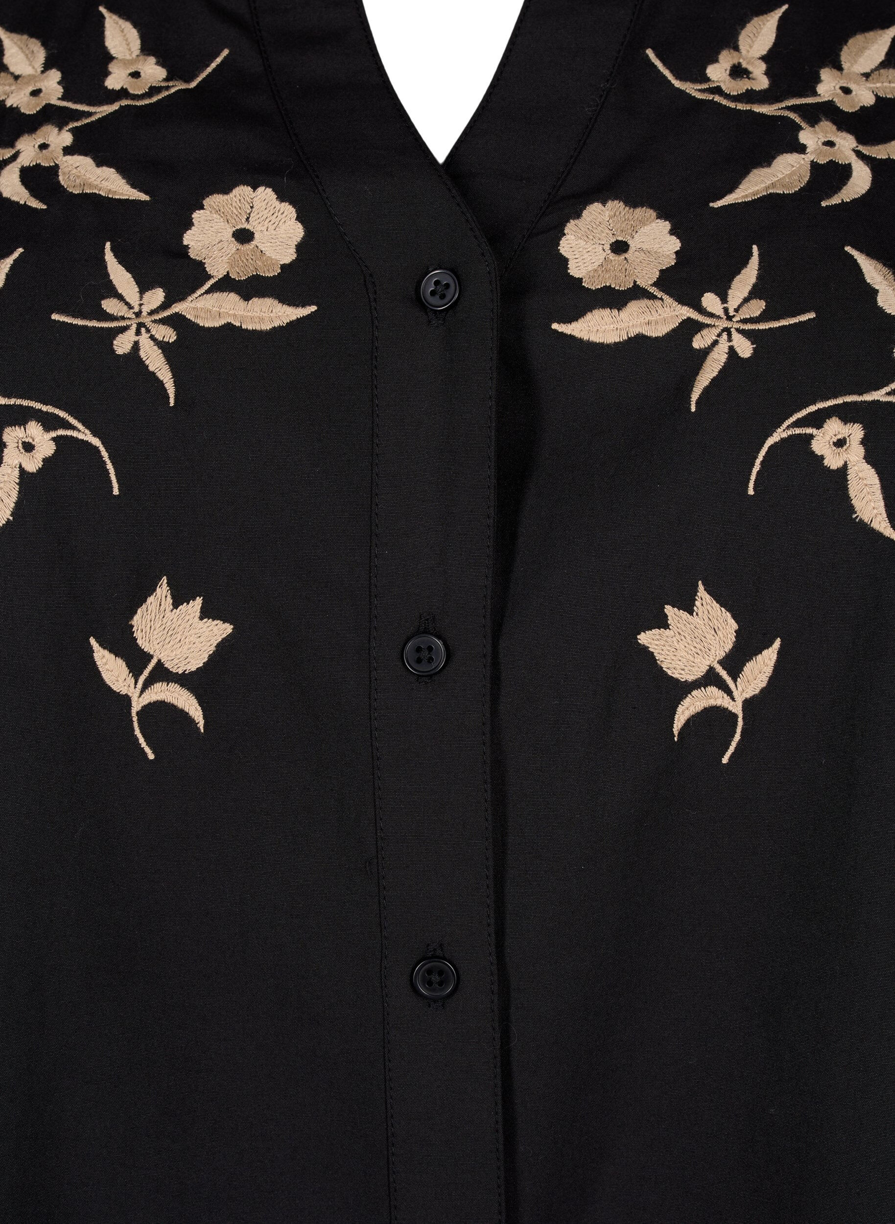 Zizzi Skjortblus med broderade blommor och trekvarts&auml;rmar, Black W. Beige Emb. , Packshot image number 2