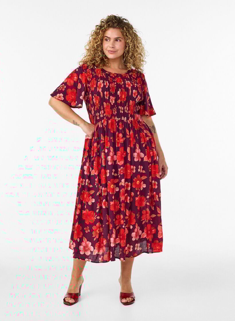 Kl&auml;nning med smock och blommigt m&ouml;nster, Lila, Model image number 0