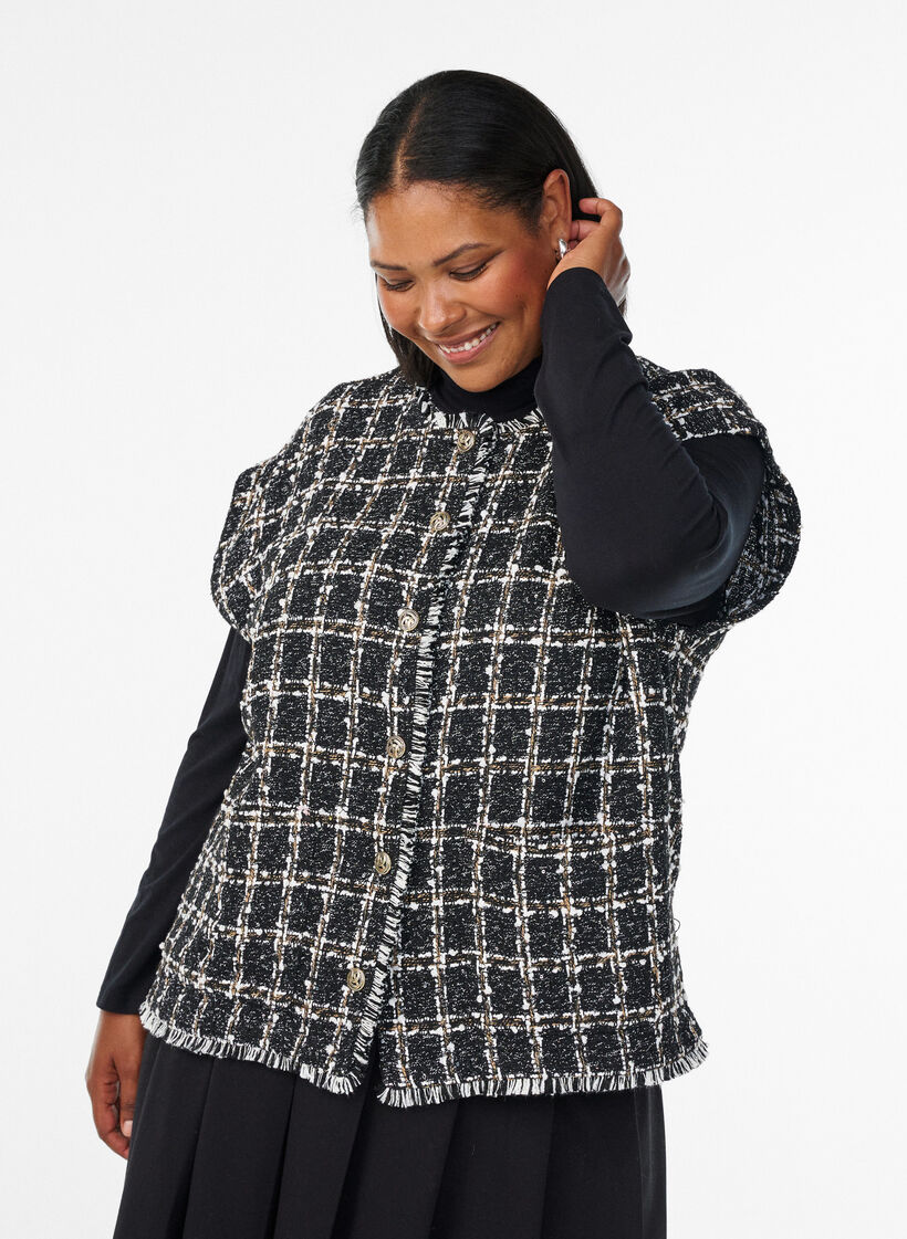 Rutig väst med dekorativa knappar, Svart, Model image number 0