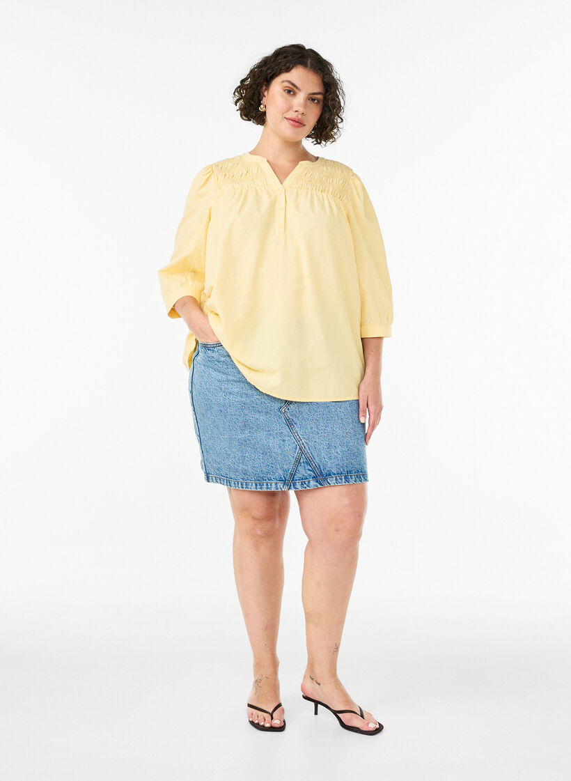 Blus med smock och 3/4-&auml;rmar, Gul, Model image number 1