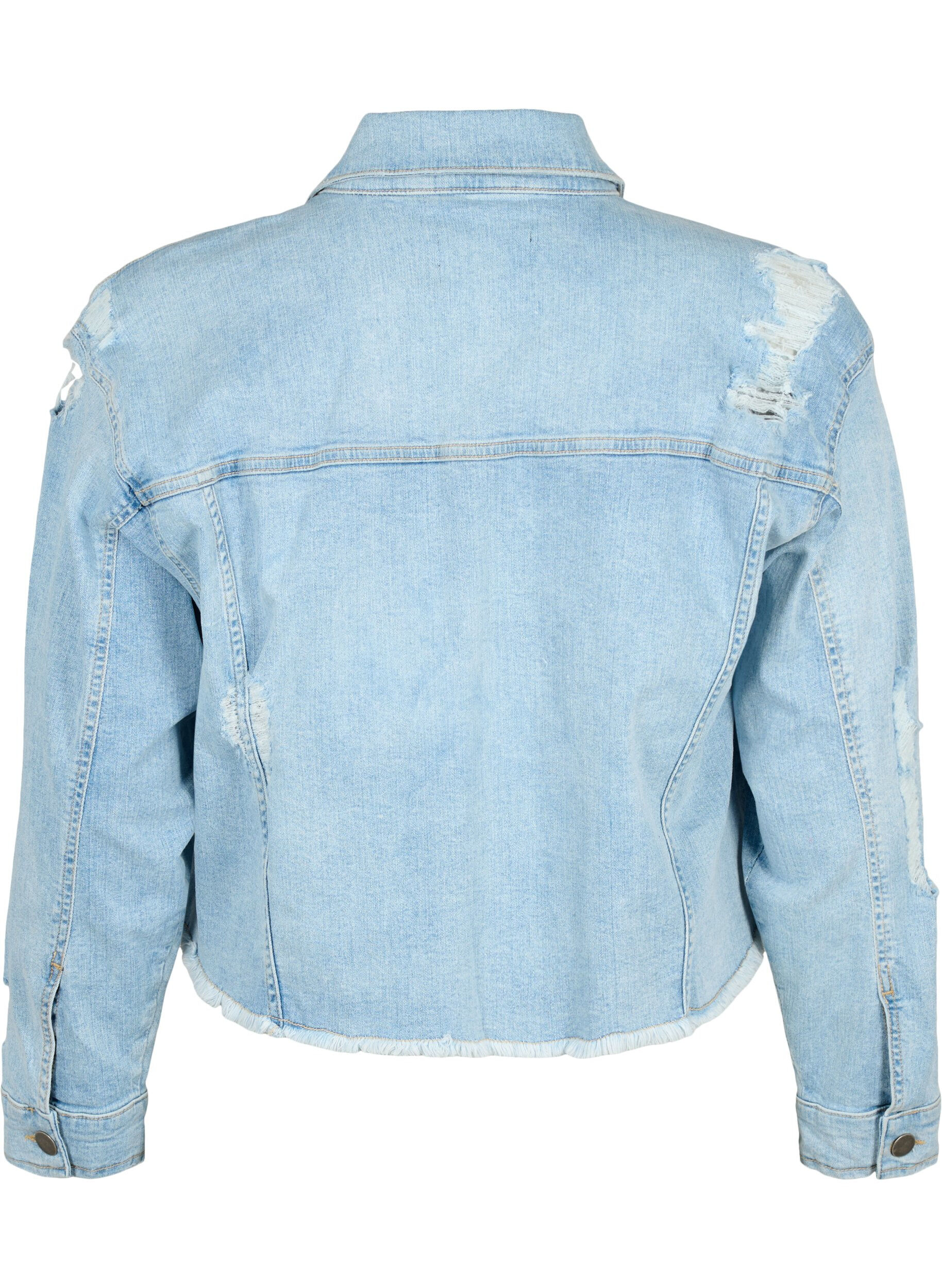 Zizzi Kort jeansjacka med slitna detaljer, Light Blue Denim, Packshot image number 1