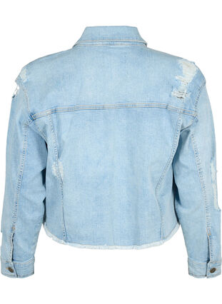 Kort jeansjacka med slitna detaljer, Light Blue Denim, Packshot image number 1