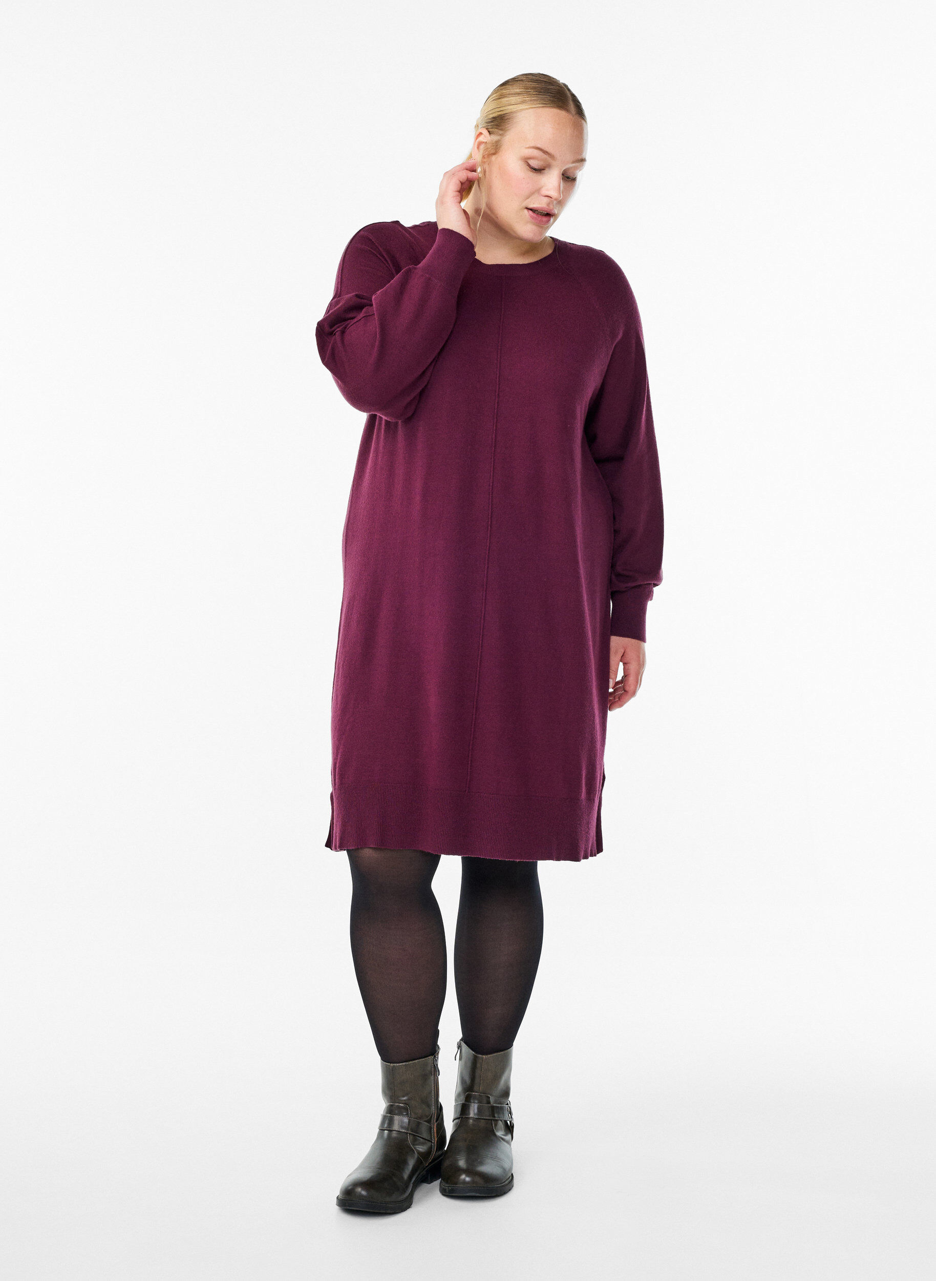 ZizziStickad kort kl&auml;nning med raglan&auml;rm och mitts&ouml;m, R&ouml;d, Model image number 1