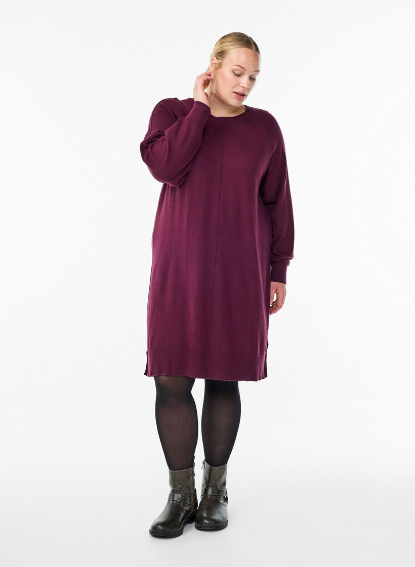 Stickad kort kl&auml;nning med raglan&auml;rm och mitts&ouml;m, R&ouml;d, Model image number 1