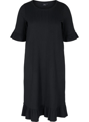 Midiklänning med 2/4-ärmar och volanger, Black, Packshot image number 0