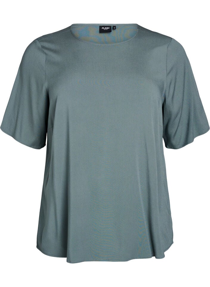 Kort&auml;rmad v&auml;vd blus med rund hals, Gr&ouml;n, Packshot image number 0