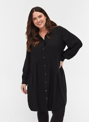 Enfärgad skjortklänning i a-linjeform, Black, Model image number 0