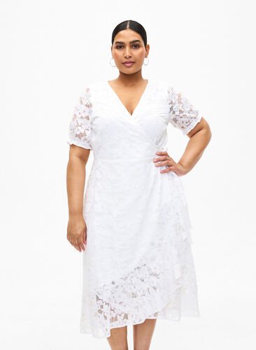 Omlottklänning med spets och korta ärmar, Bright White, Model image number 0