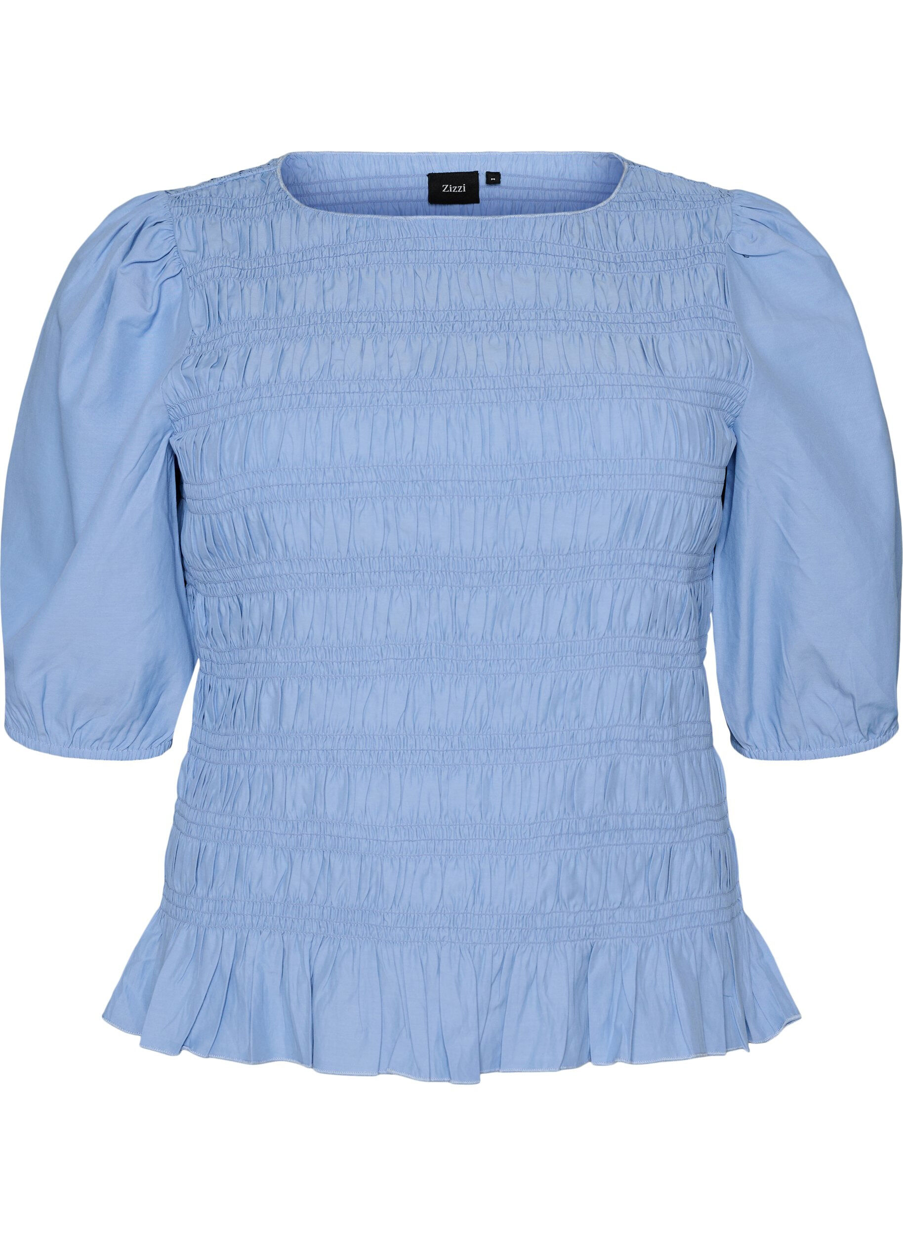 ZizziSmockblus med volangkant och b&aring;tringning, Bl&aring;, Packshot image number 0