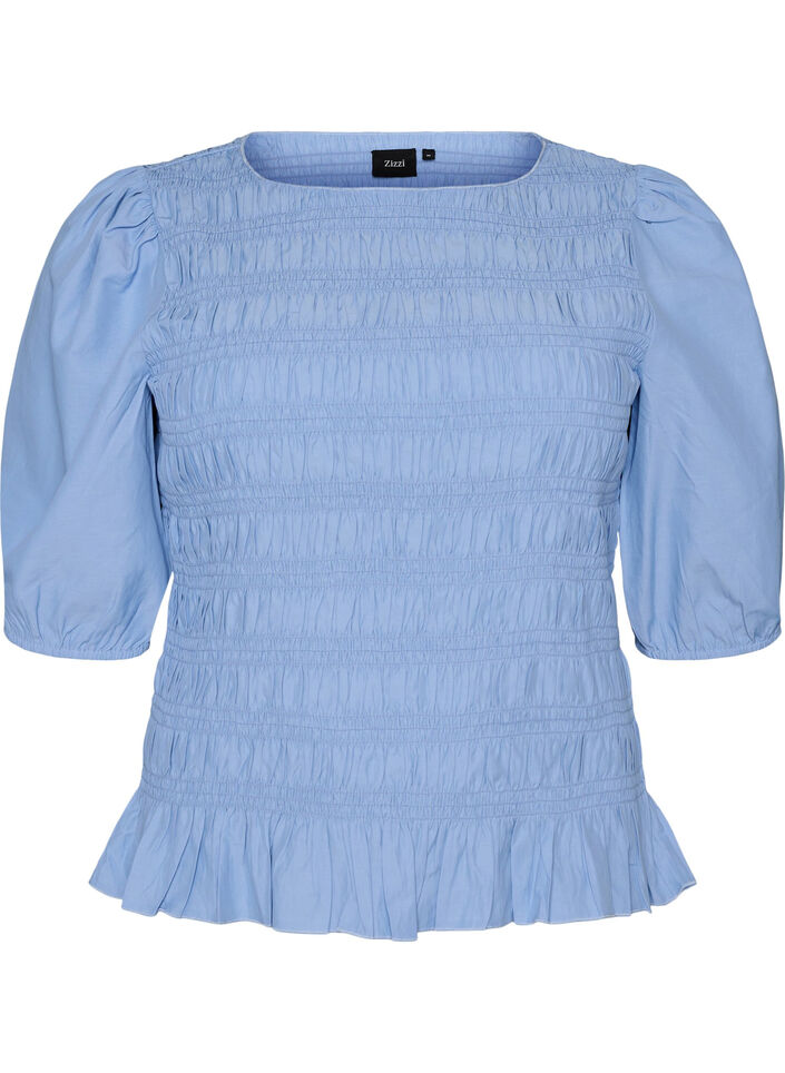Smockblus med volangkant och b&aring;tringning, Bl&aring;, Packshot image number 0