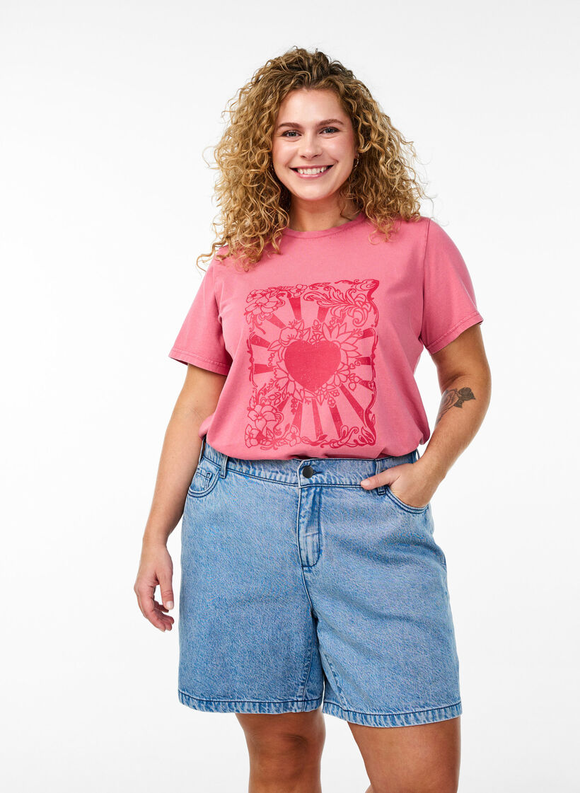 Lösa jeansshorts med hög midja, Blå, Model image number 0